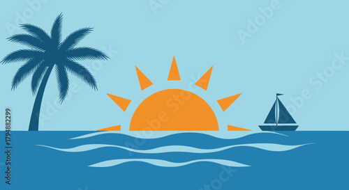 Graphic illustration of a tropical seascape with a palm tree, sunset, and sailboat.