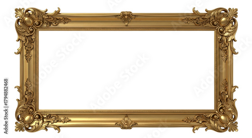 Luxurious antique gold picture frame with ornate details isolated on white background