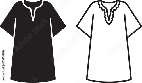 Black silhouette and outline kaftan tunic dress vector icons. loose-fitting apparel for casual and traditional wear with v-neck designs. isolated on white background, Vector, illustration