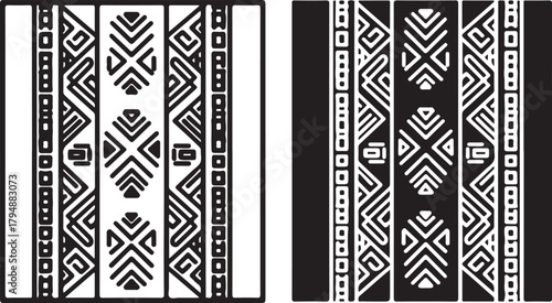 Abstract ethnic pattern design featuring repeating geometric tribal motifs in monochrome black and white for textile, fabric, and background use. isolated on white background, Vector, illustration