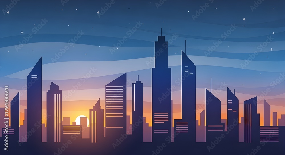 Fototapeta premium Stunning city skyline silhouette at dusk with vibrant sky