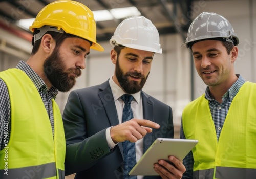 Three construction workers in hard hats looking at a tablet