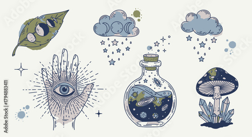 A collection of mystical and esoteric symbols including a hamsa hand, cosmic potion, and celestial mushroom.