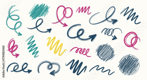A collection of hand-drawn arrows, scribbles, and circular shapes in various colors and styles, presented on a plain background.