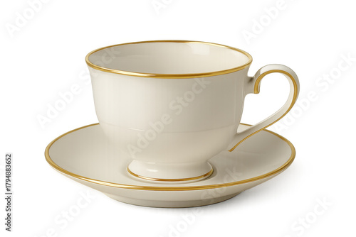 White porcelain teacup and saucer with gold trim