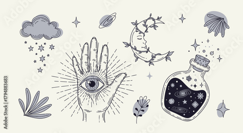 A collection of hand-drawn esoteric symbols featuring an all-seeing eye, celestial moon, and magic potion.