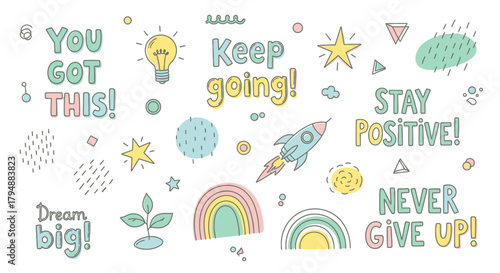 Set of hand-drawn motivational quotes and cute doodles in pastel colors.
