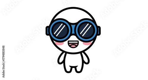 A cute, simple cartoon character with large blue goggles and rosy cheeks.