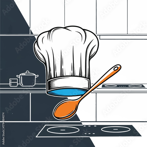 Culinary Creations Chef's Hat and Spoon in a Kitchen Scene