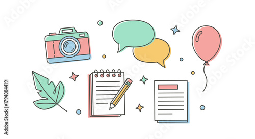 A charming doodle set of creative items including a camera, notebook, speech bubbles, and a balloon for blogging or journaling.