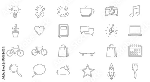 A collection of hand-drawn icons representing various concepts and activities, including creativity, hobbies, and technology.