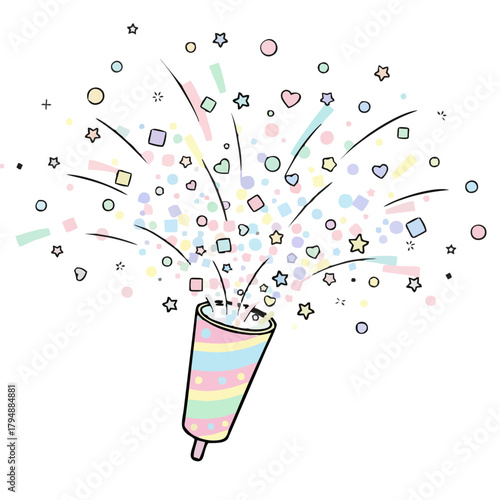 Celebratory pastel confetti explosion from a party popper, perfect for invitations, birthdays, and special events, originally designed as a scalable vector