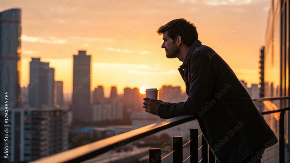 Fototapeta premium Man enjoying sunset over city skyline balcony view lifestyle content urban environment cinematic perspective