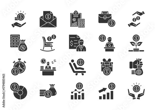 Income thin glyph icon set. Containing paycheck, accounting, work, payment, tax, pension, wages, self employment, investment, hourly rate. Vector illustration