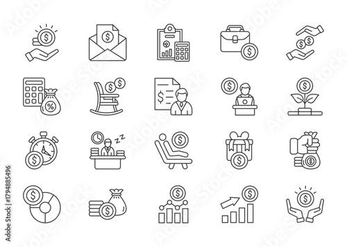 Income thin line icon set. Containing paycheck, accounting, work, payment, tax, pension, wages, self employment, investment, hourly rate. Vector illustration