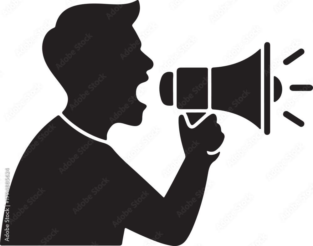 Fototapeta premium Man shouting through loudspeaker silhouette icon