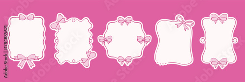 Hand-drawn vector frames with pink ribbons and bows. Elegant line art borders in romantic and feminine style. Decorative elements with vintage charm. Vector illustration