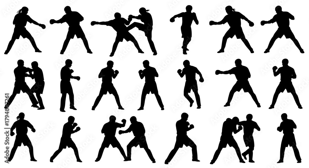 Fototapeta premium Dynamic Silhouettes of Boxers and Martial Artists in Various Action Poses.