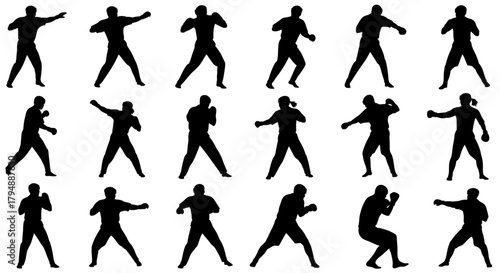 Dynamic Silhouettes of Boxers in Various Fighting Poses and Actions.
