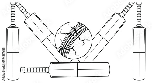 Colorful cricket bats and ball arranged in a symmetrical composition