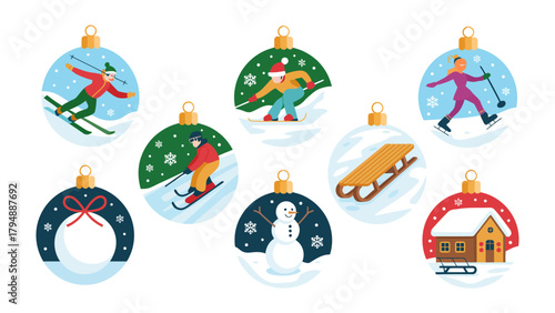 Winter Wonderland Ornaments: A charming array of festive ornaments showcasing winter sports and snowy scenes, perfect for holiday decoration and evoking the joy of the season.