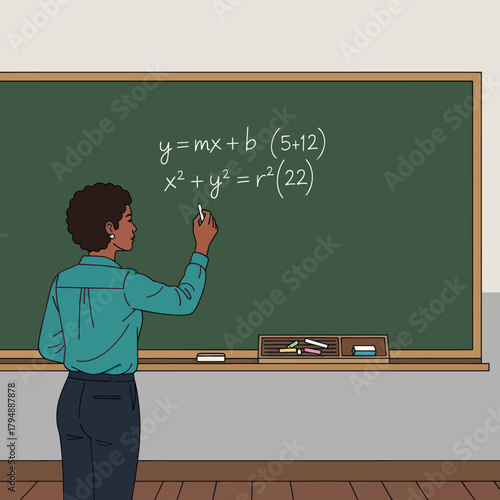 A Black female teacher writing mathematical equations on a green chalkboard in a classroom.