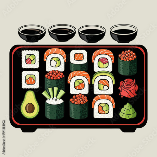 A colorful illustrated platter of assorted Japanese sushi rolls with soy sauce, wasabi, and ginger.