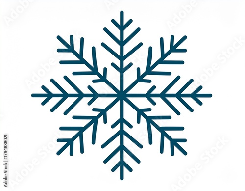 Elegant symmetrical snowflake icon with thin clean lines, modern winter and Christmas theme.