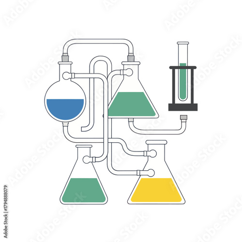 A complex chemical laboratory apparatus with interconnected flasks, beakers, and tubes containing colorful liquids for a scientific experiment.