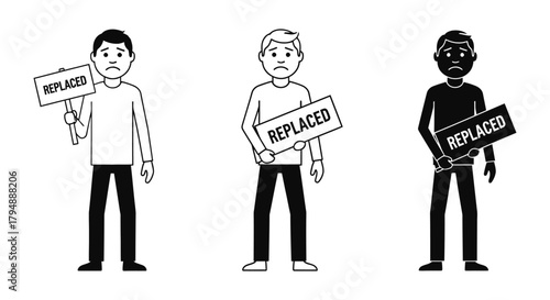 Three versions of a man holding a replaced sign with a sad expression