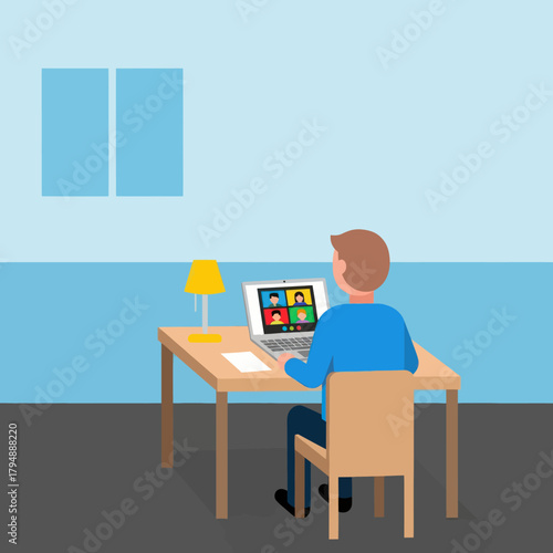A man in a blue shirt at a desk during an online video conference call.