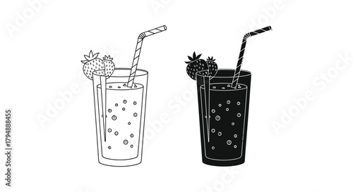 Three illustrations of strawberry smoothie with straw and strawberries