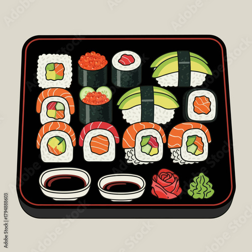 A vibrant illustration of a Japanese sushi platter with assorted rolls, nigiri, wasabi, and soy sauce.
