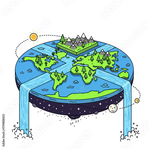 A whimsical isometric illustration of the Flat Earth theory, with continents, waterfalls, and orbiting sun and moon.