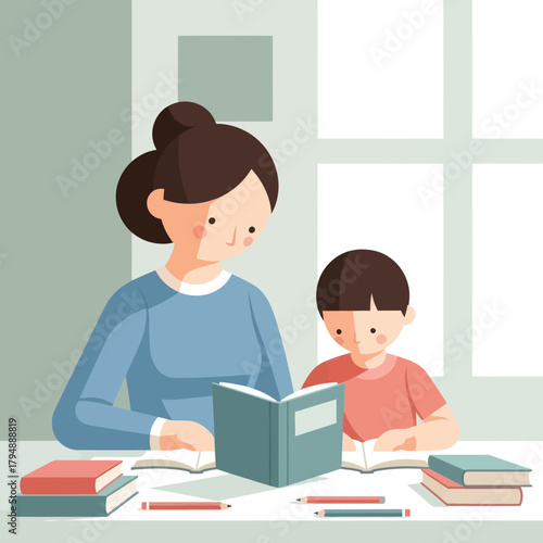 Caring mother or teacher helping a young boy with his homework and reading books at a desk.