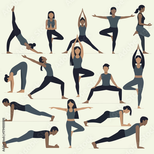 Collection of diverse people in various yoga poses. Flat vector illustration set of men and women practicing asanas for fitness and wellness.