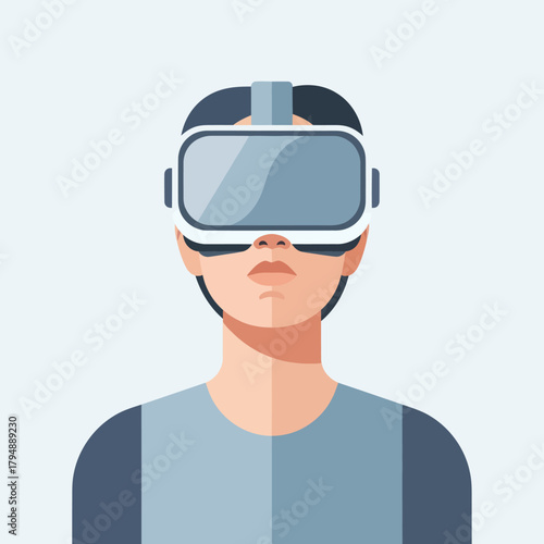 Front view portrait of a person wearing a modern virtual reality headset in a flat vector style.