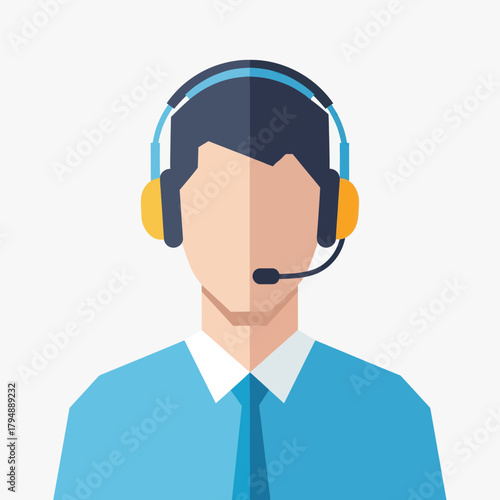 Flat design vector icon of a male call center operator wearing a headset with a microphone.