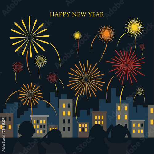 Happy New Year illustration with colorful fireworks exploding over a city skyline and watching crowd.