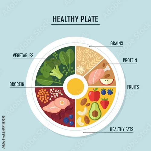 Healthy Plate nutritional guide infographic showing balanced food groups for a healthy diet.