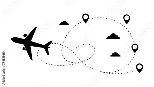 Airplane route with dotted flight path black PNG
