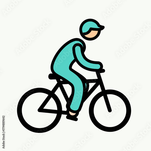Simple stylized icon of a cyclist in a turquoise outfit riding a black bicycle.