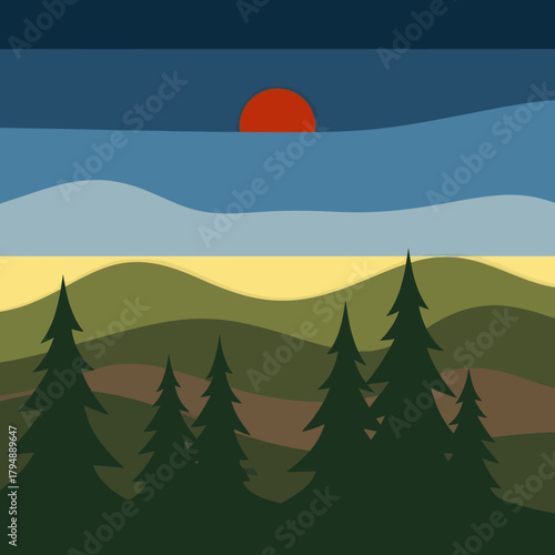 Stylized flat design landscape with a red sun setting over layered hills and a pine forest silhouette.