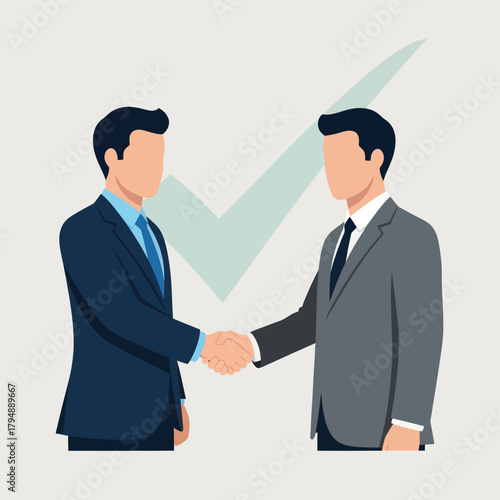 Two faceless businessmen in suits shaking hands, symbolizing a successful deal with a checkmark.