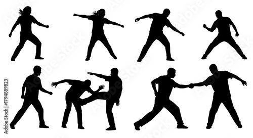 Dynamic Silhouettes of Martial Arts Practitioners in Various Action Poses.