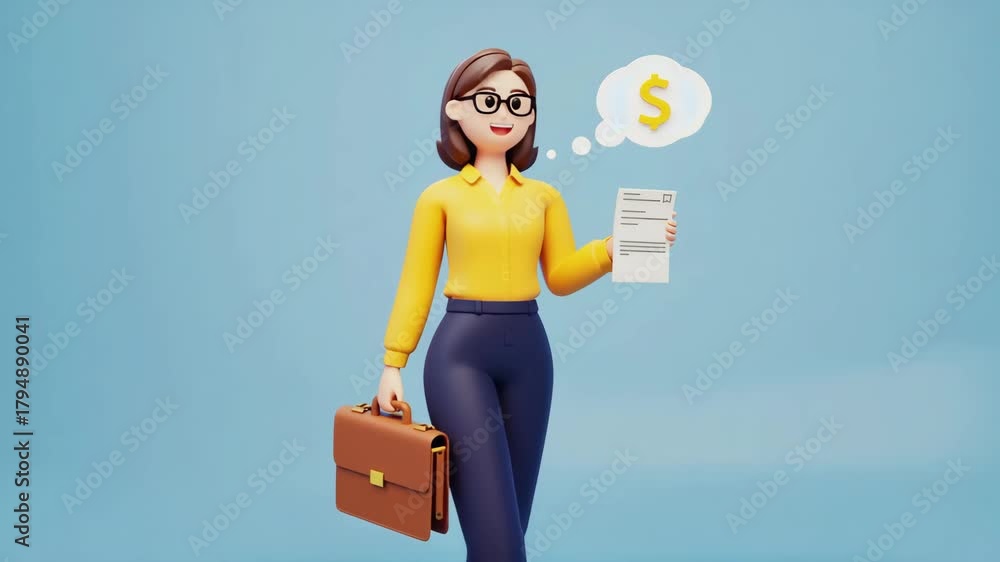 3D Cartoon Businesswoman Thinking About Money. Character with Briefcase and Document. Financial Success, Salary, and Investment Idea Concept. Isolated on Blue Background.