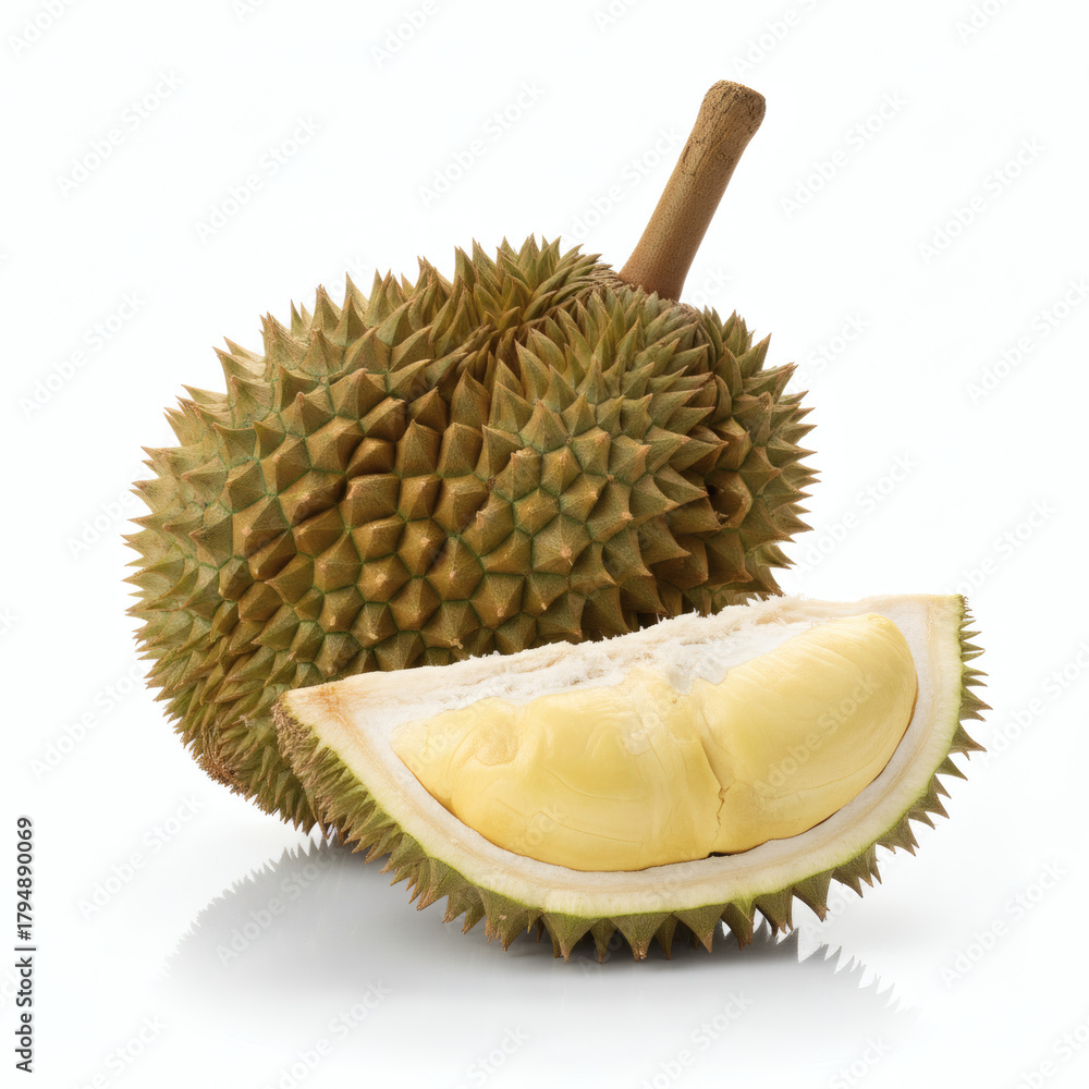 Obraz premium Close-up of durian fruit with one whole spiky shell and an opened section revealing creamy yellow flesh, isolated on a pure white background — detailed exotic fruit texture.
