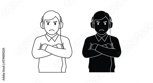 Man with headphones and crossed arms in color line art and silhouette