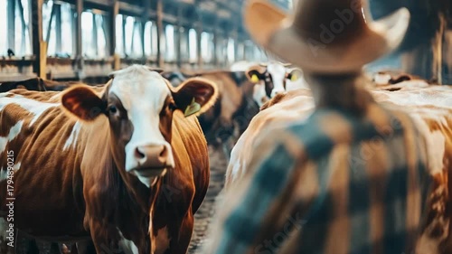 selective focus livestock breeder carefully observing selectively bred cows on modern farm