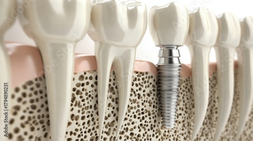 3D render of a dental implant embedded in a cross-section of jawbone